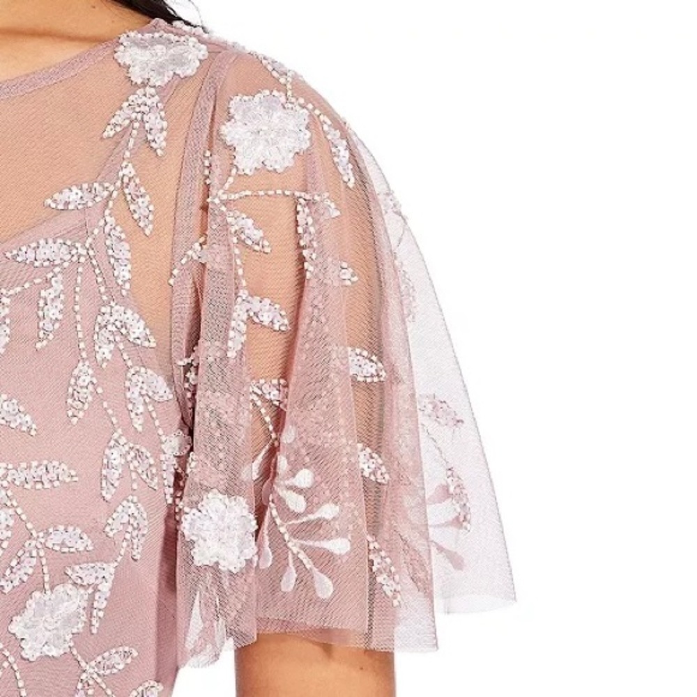 Adrianna Papell Embellished Flutter-Sleeve Sheath Dress in Dusted Petal/Ivory - Picture 3 of 13